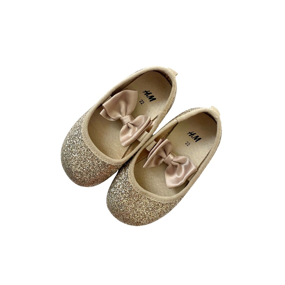 H&M Glitter Ballet Flats w/ Bow Sparkly Gold Shoes Toddler Girl Size 22 / 6C